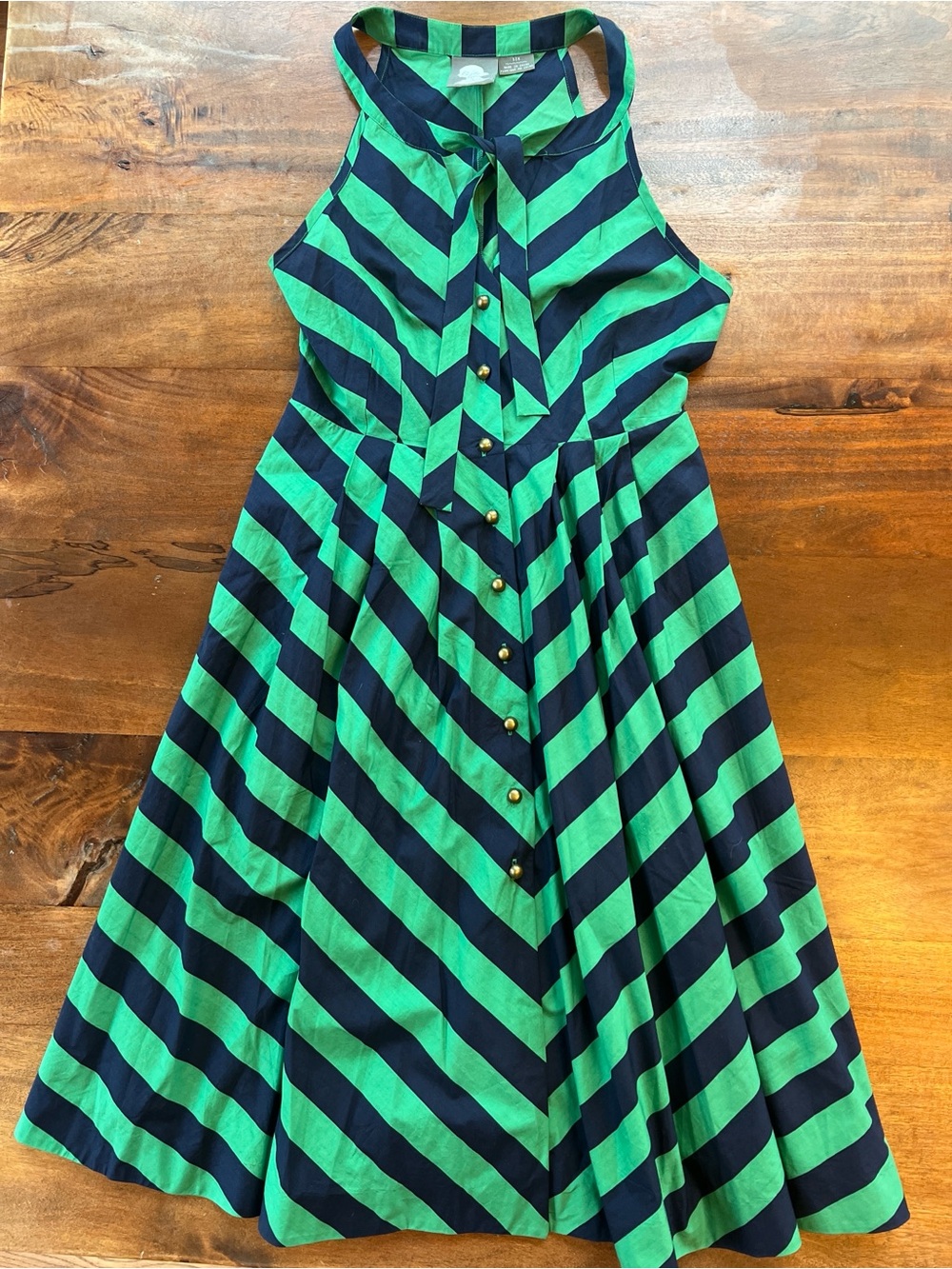 Girls From Savoy  Anthropologie Green/Blue Dress Sz 6 Neck Tie Button Down Long